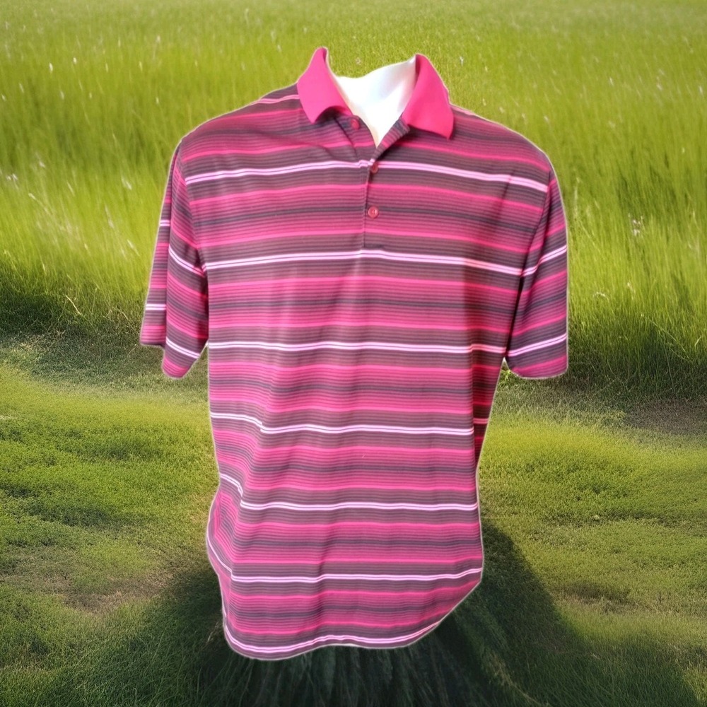 Nike Polo Shirt Men Pink Black Striped Tour Performance DriFit Golf Casual Sz XL